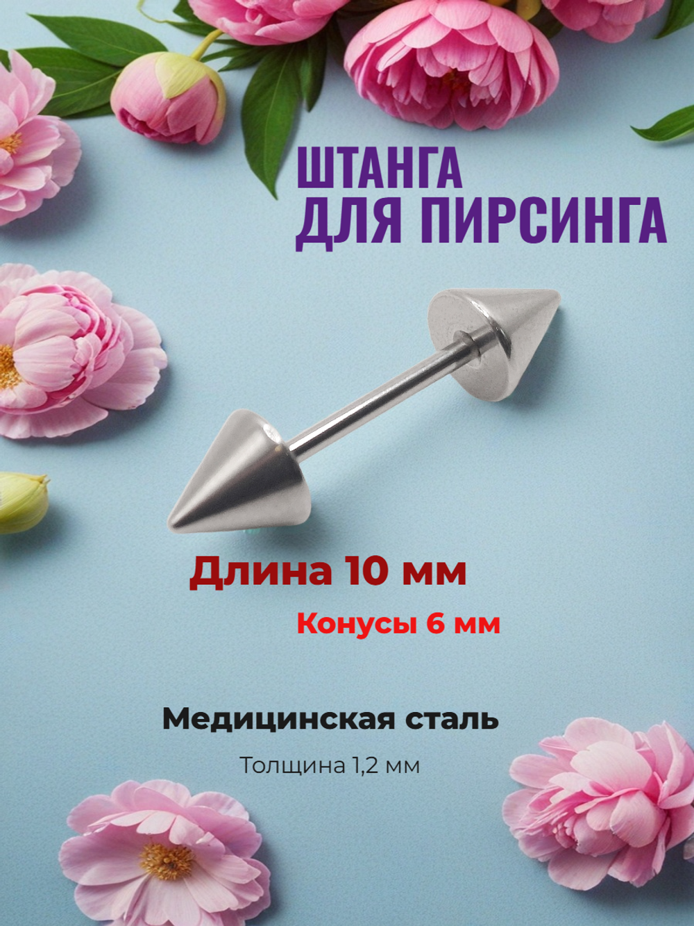 Штанга длина 10 мм с конусами 6 мм для пирсинга. Медицинская сталь. 1шт.