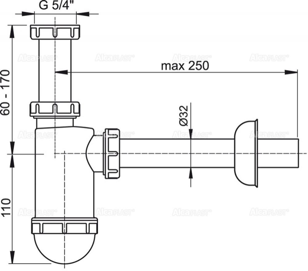 Сифон для раковины Alcadrain 32 мм c накидной гайкой 5/4" (A430)