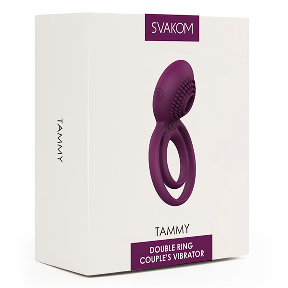 Фиолетовое эрекционное виброкольцо с подхватом мошонки Svakom Tammy Vibrating Double Cock Ring S38