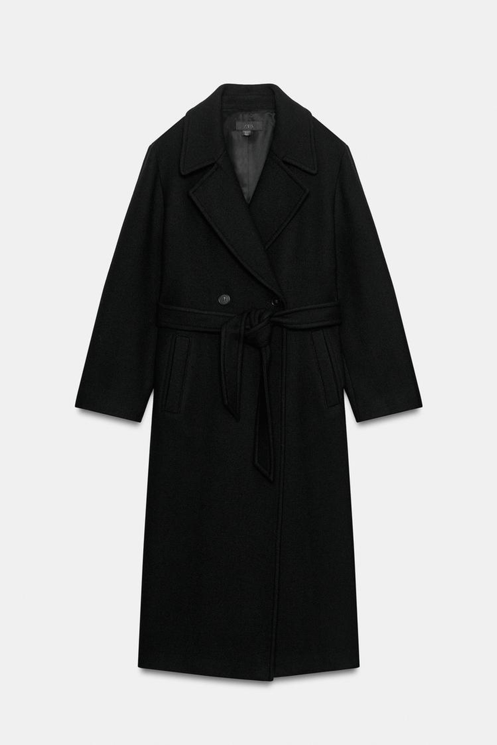 ZARA ДЛИННОЕ ШЕРСТЯНОЕ ПАЛЬТО С ПОЯСОМ, ЧЕРНЫЙ