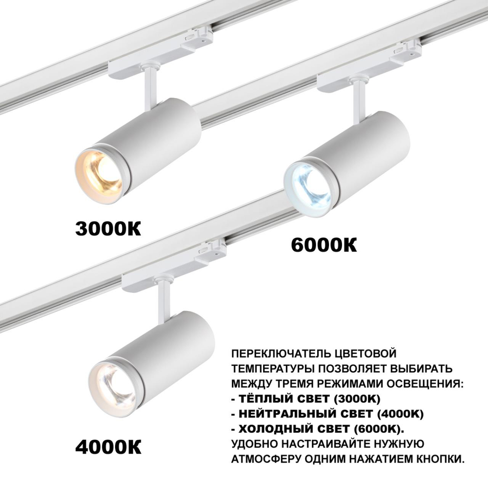 359585 PORT NT25 000 белый Светильник трехфазный трековый светодиод. с переключ. цв. темпер. и мощности IP20 LED 30-35-40W 220-240V 3000К\4000К\5700К NAIL
