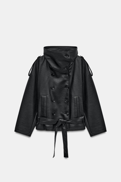 ZARA КУРТКА ИЗ ИСКУССТВЕННОЙ КОЖИ С РЕМНЕМ, ЧЕРНЫЙ