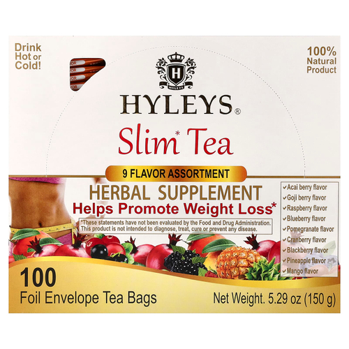 Hyleys Tea, Slim Tea, набор из 9 вкусов, чайные пакетики в 100 фольгированных пакетиках, 150 г (5,29 унции)