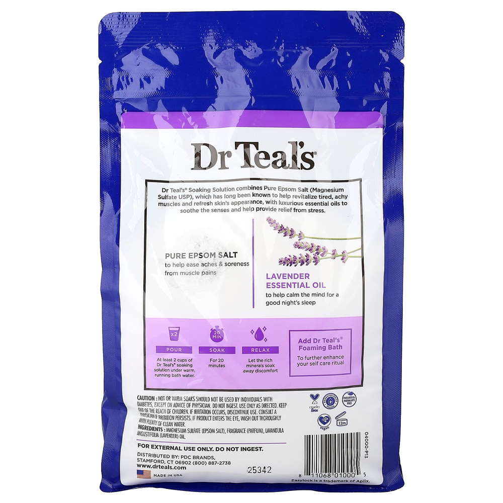 Dr. Teal's, чистая английская соль, раствор для замачивания, лаванда, 1,36 кг (3 фунта)