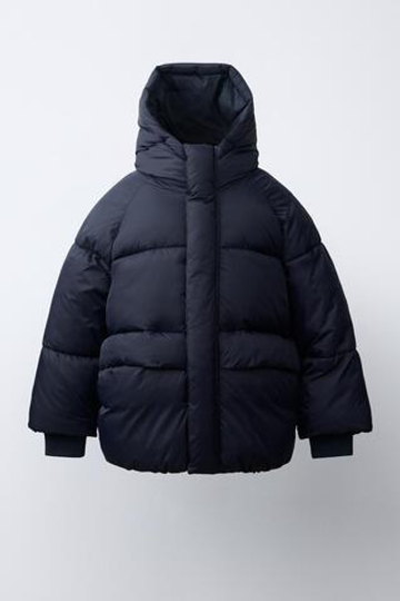 ZARA СТЕГАНАЯ КУРТКА С КАПЮШОНОМ WATER REPELLENT, МОРСКОЙ СИНИЙ