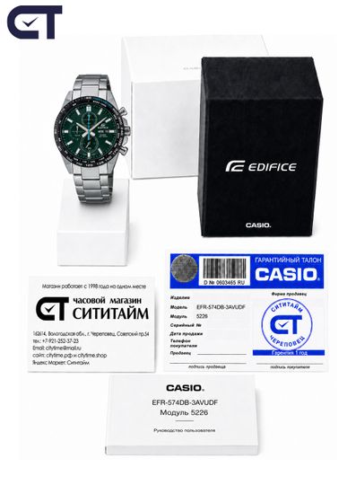 CASIO EFR-574DB-3AVUDF EDIFICE мужские наручные часы — стальной хронограф с зелёным циферблатом и чёрным IP-безелем