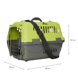 Переноска пластиковая ZOOEXPRESS "Турне" с металлической дверцей, авиазамком, ковриком и ремнем - 48х32х32 см (M) - зеленый