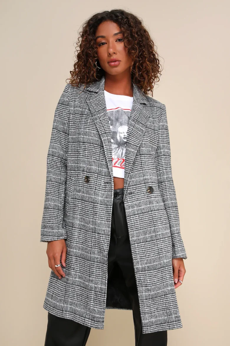 Длинное пальто Chilly Out Black and White Glen Plaid