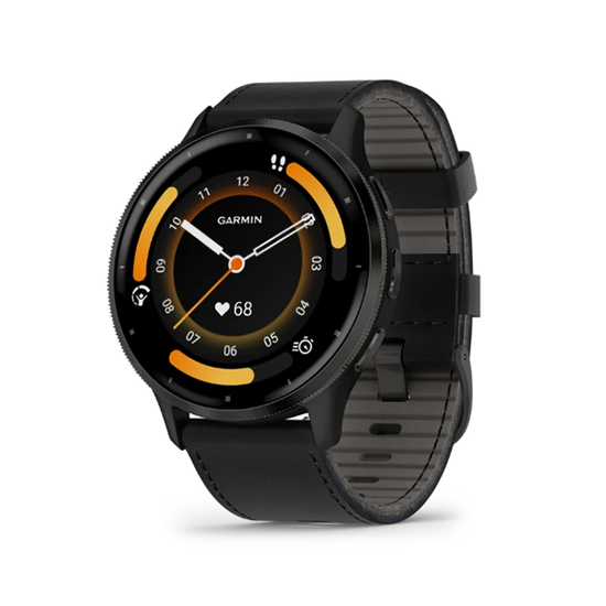 Умные часы Garmin Venu 3 45 мм Безель из сланцевой нержавеющей стали, черный корпус и черный кожаный ремешок