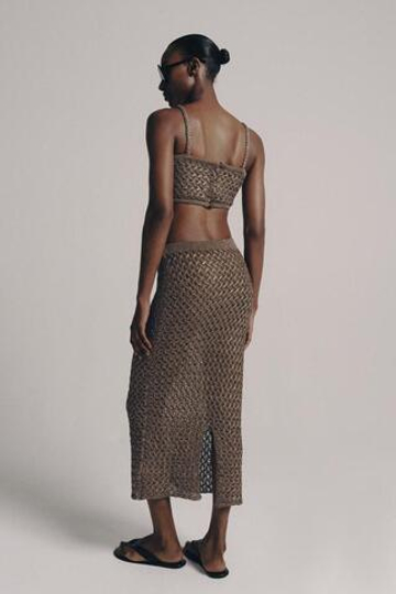 ZARA ТРИКОТАЖНАЯ ЮБКА МИДИ С УЗОРОМ «КОСЫ», РОЗОВАТО-КОРИЧНЕВЫЙ