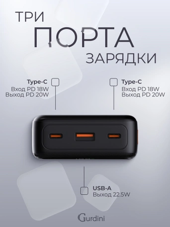 Дополнительный аккумулятор Gurdini LCD Series 22.5W GPLCD-200B 20000 mAh Черный