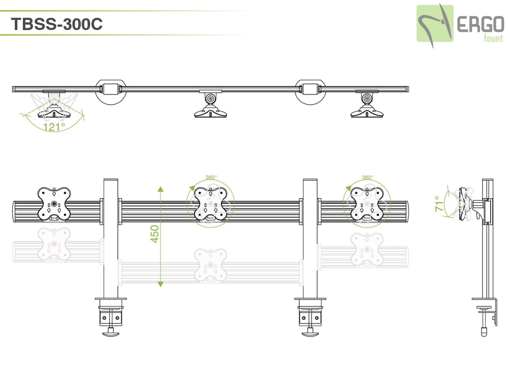 ErgoFount TBSS-300C Настольное крепление для 3 мониторов диагональю до 24'' конфигурации 1х3 с зажимом к столу типа "С". Цвет - серебристый