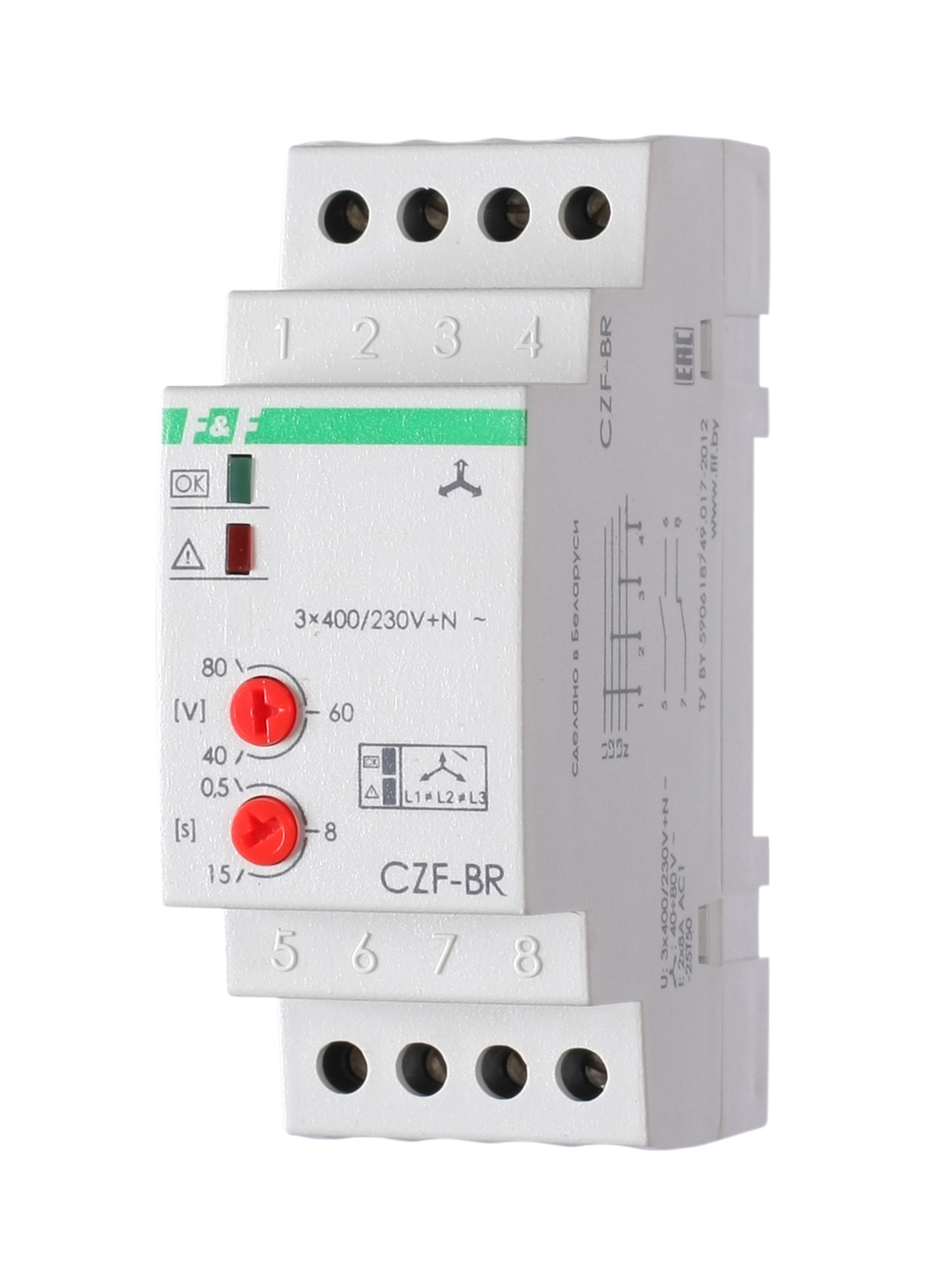 Реле контроля фаз CZF-BR 3х400/230+N 8А 1перекл. IP20