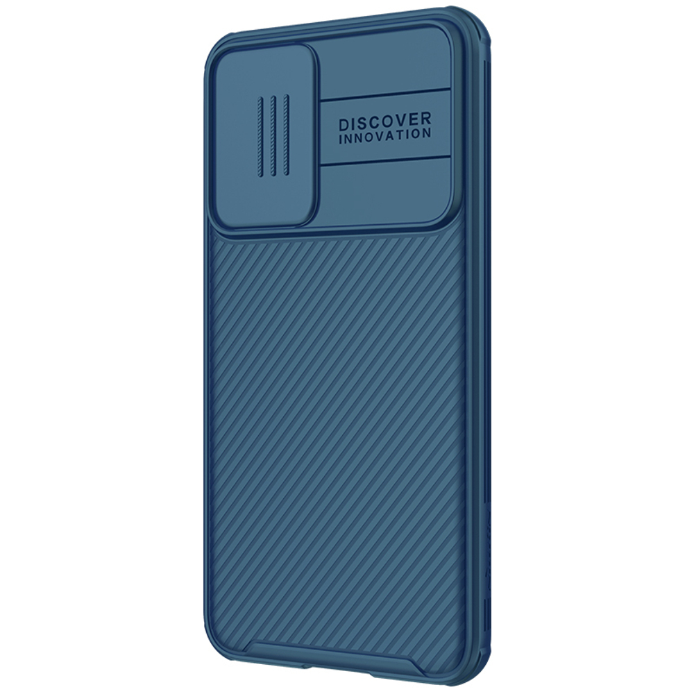 Чехол синего цвета от Nillkin с защитной шторкой для Samsung Galaxy S21 FE (Fan Edition), серия CamShield Pro Case