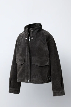 ZARA КУРТКА ИЗ 100% КОЖИ С КАРМАНАМИ, ТЕМНЫЙ ХАКИ