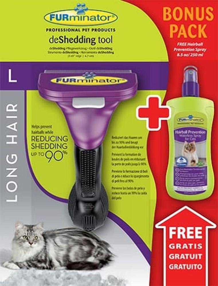 FURminator Long Hair Large Cat 7 см + FURminator шампунь-спрей от колтунов без смывания 250 мл АКЦИЯ
