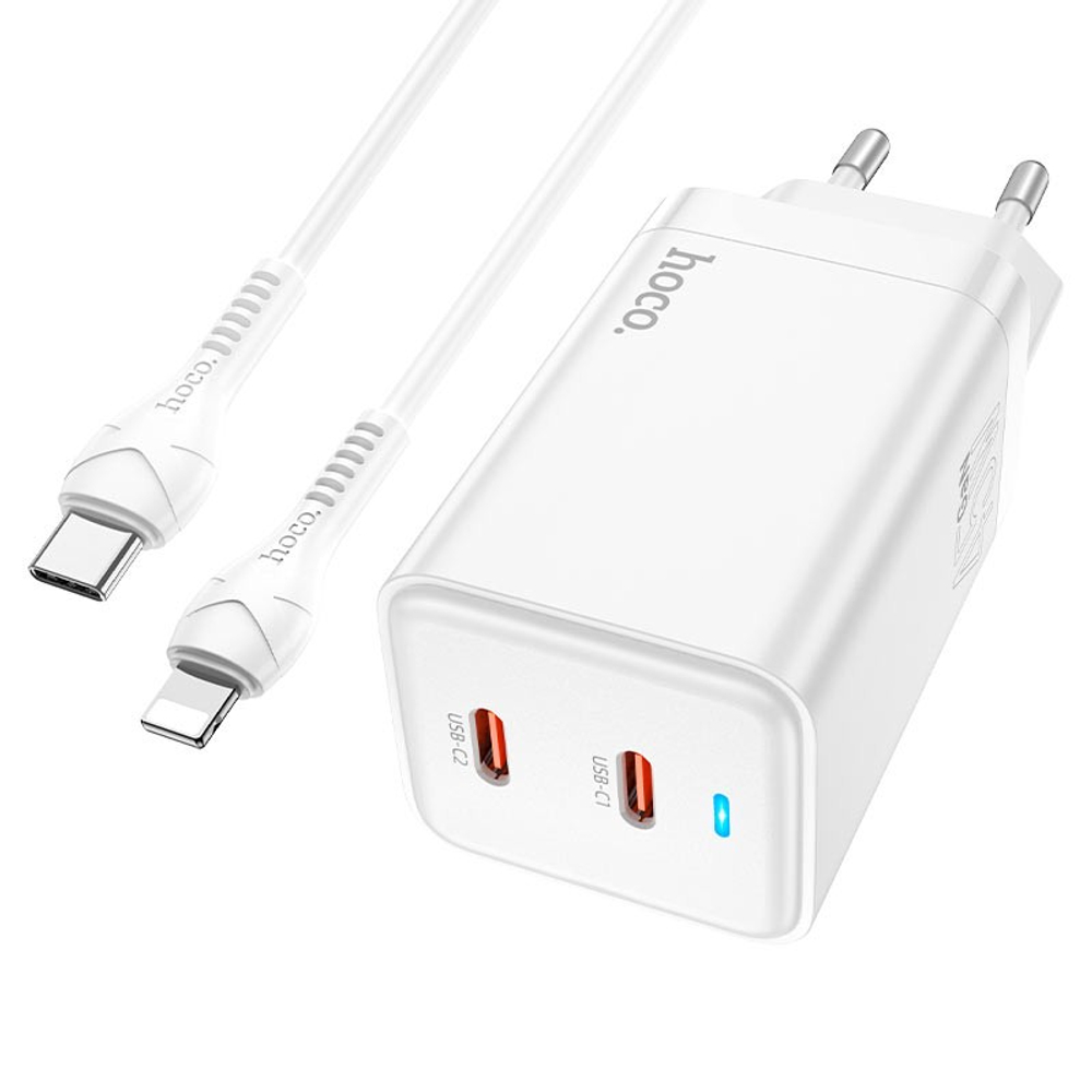 Сетевое зар. устр. Hoco N23 GaN с шнуром Type-C на Lightning 2C 45W белое