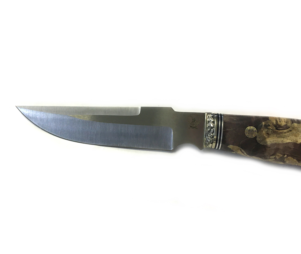 Нож подарочный Турист, Bohler S390, стаб. карельская береза, литье мельхиор