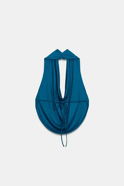ZARA ДРАПИРОВАННЫЙ ТОП С ГОРЛОВИНОЙ ХАЛТЕР, СИНЕВАТЫЙ