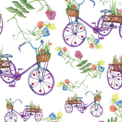 Seamless texture Watercolor work bike decorated with flowers.