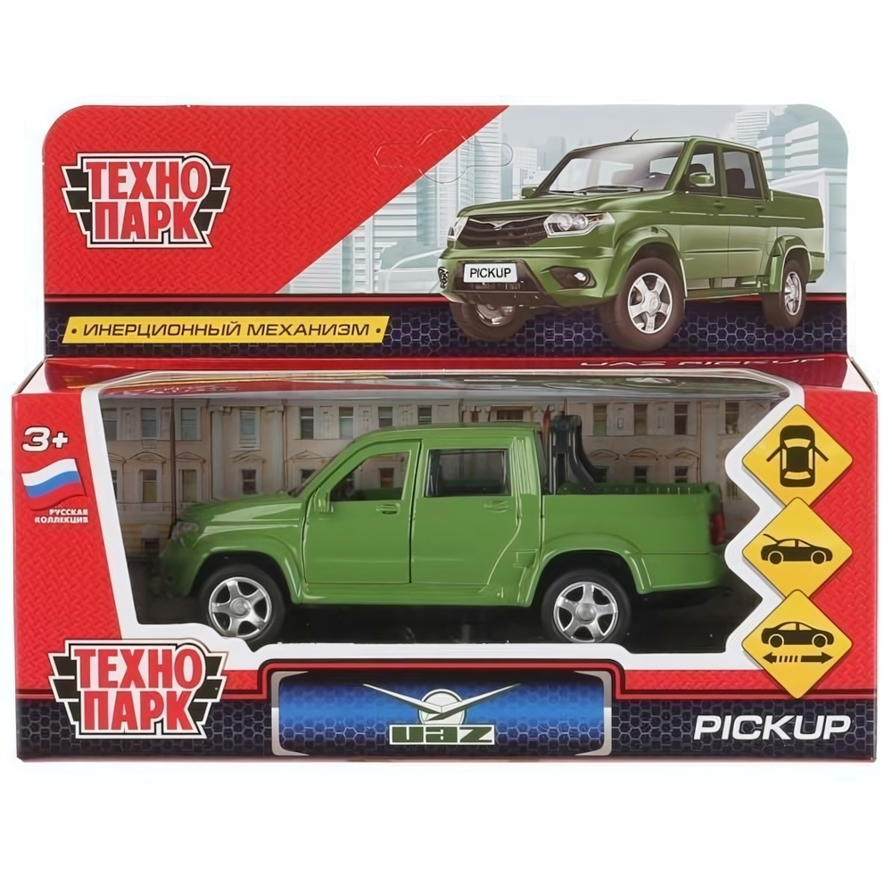 Модель ин. мет. "Uaz Pickup" 12см, открыв. двери, зеленый в коробка PICKUP-GN (Технопарк)