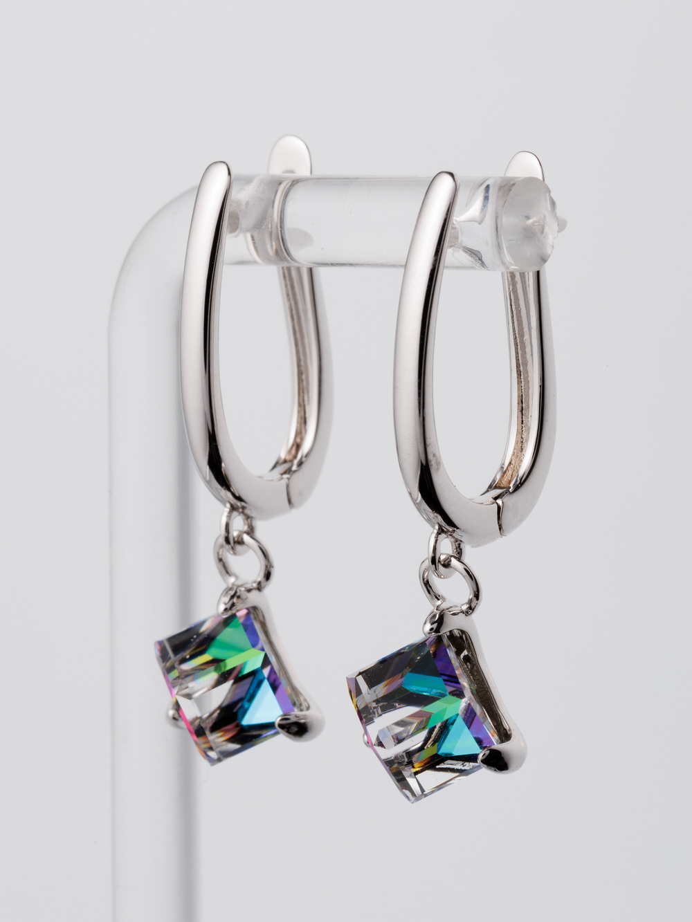 Серьги-подвески Миражи с зеленым кубиком Swarovski