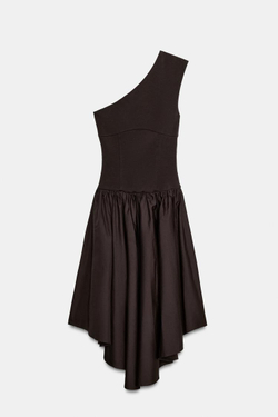 ZARA АCИММЕТРИЧНОЕ КОМБИНИРОВАННОЕ ПЛАТЬЕ, ТЕМНО-КОРИЧНЕВЫЙ