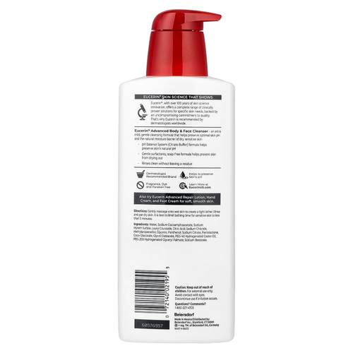 Eucerin, тело и лицо, улучшенное очищающее средство, для нормальной, сухой и чувствительной кожи, без отдушек, 500 мл (16,9 жидк. унции)