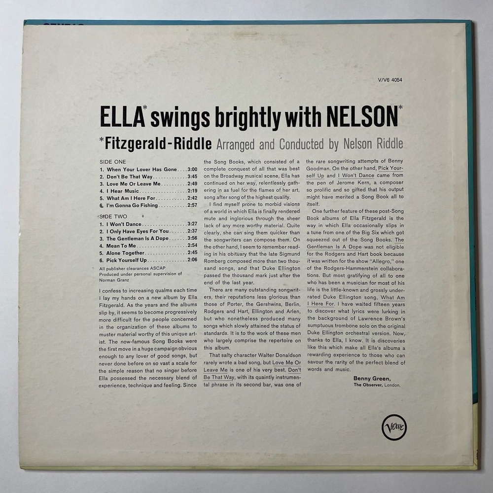 Винтажная виниловая пластинка LP Ella Fitzgerald and Nelson Riddle Ella Swings Brightly With Nelson (USA 1962)