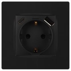 Розетка ЭРА Серия 12 12-4108-05 2P+E 16A-250В со шторками с USB type-A+C 5В-3А антрацит | Эра 12