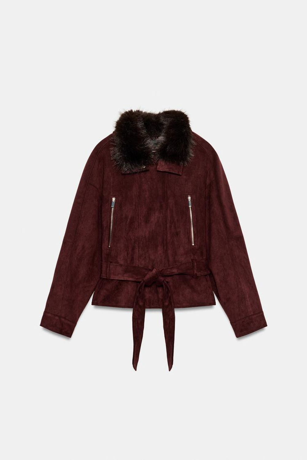 ZARA КУРТКА С МЕХОВЫМ ВОРОТНИКОМ И РЕМНЕМ, БАКЛАЖАННЫЙ