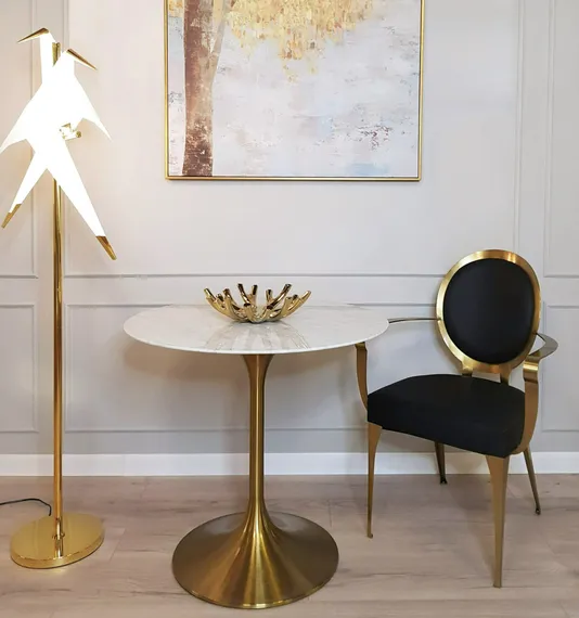 Стол Tulip Marble, Ø80 см, белый мрамор на золотой ножке