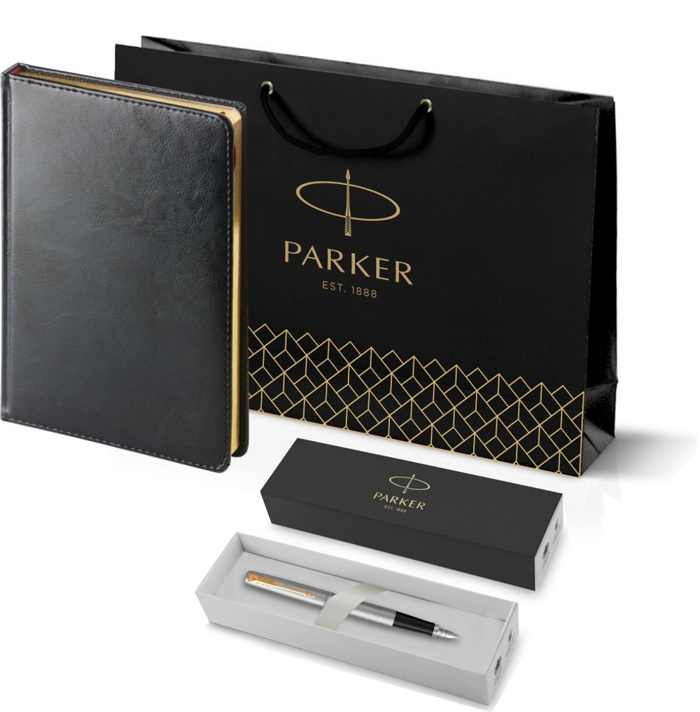 Подарочный набор: Ручка перьевая Parker Jotter Stainless Steel GT и Ежедневник черный недатированный
