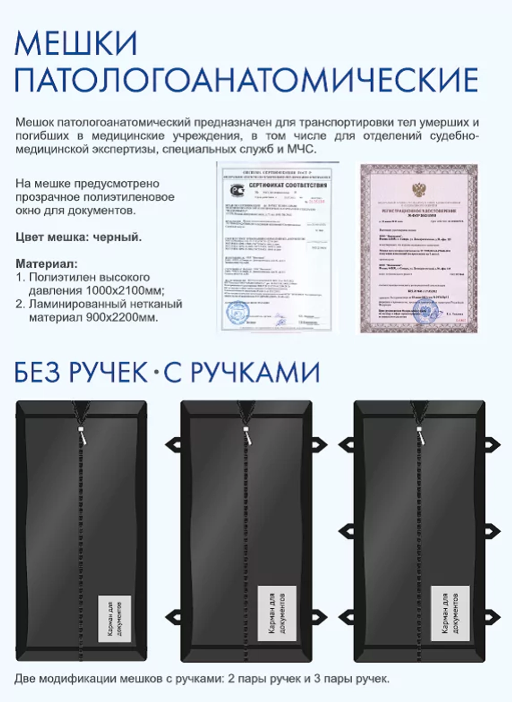Мешок патологоанатом.  на молнии с ручками (900ммх2200мм)