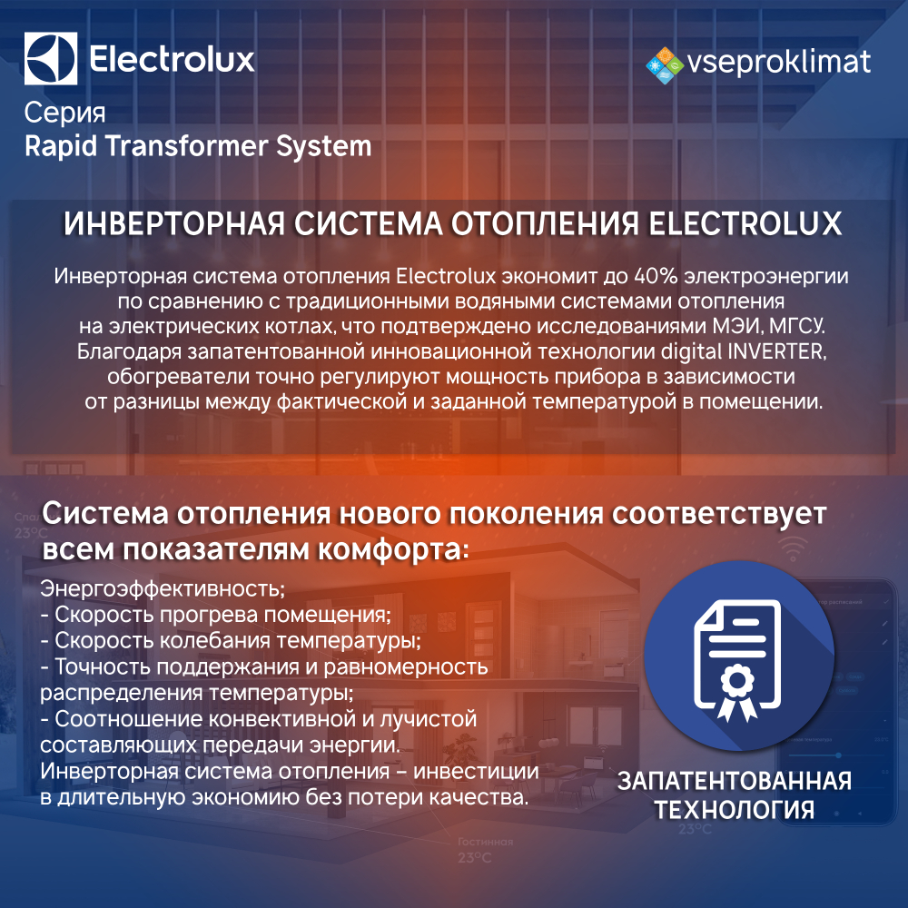 Инверторный конвектор Electrolux Rapid Transformer с блоком управления ECH/R-1000 T-TUI4 с WI-FI без шасси, 10 ступеней мощности