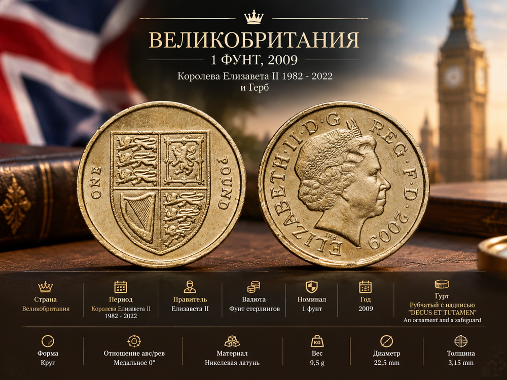 Великобритания 1 фунт, 2009 Королевский щит VF