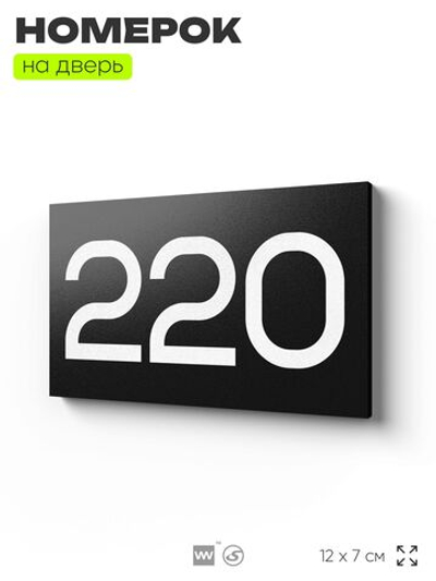 Номер на дверь 220, табличка на дверь для офиса, квартиры, кабинета, аудитории, склада, черная 120х70 мм, Айдентика Технолоджи