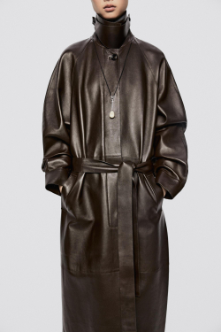 Massimo Dutti Длинный тренч из кожи наппа - Limited Edition, шоколадно-ричневый