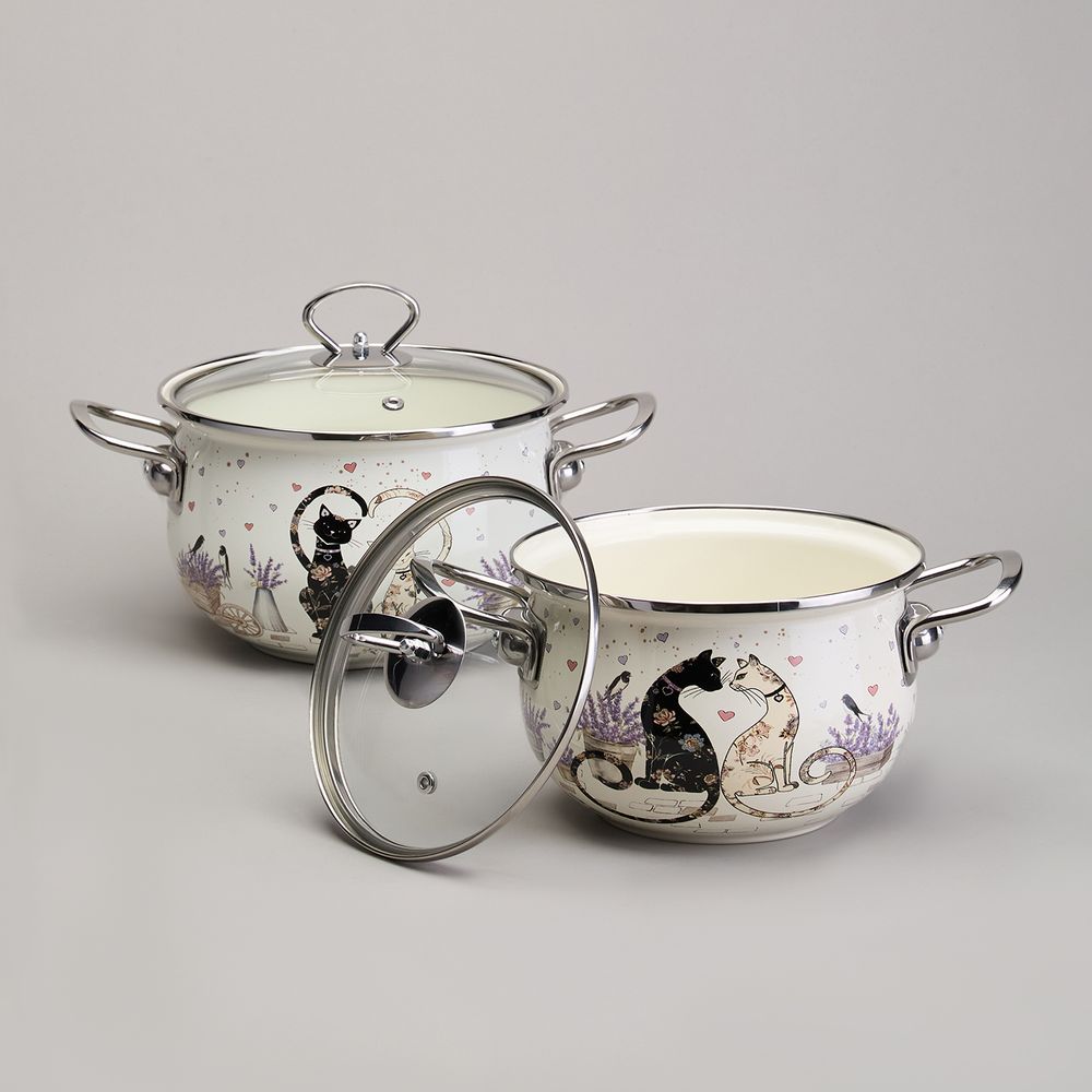 НАБОР КАСТРЮЛЬ ЭМАЛИРОВАННЫЙ, СЕРИЯ "LAVENDER CATS" 4ПР. 2,0/2,8Л ДИА.18/20СМ