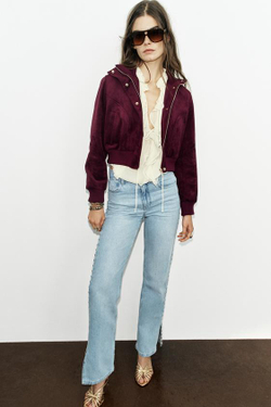 ZARA КУРТКА ИЗ ИСКУССТВЕННОЙ ЗАМШИ С ВОРОТНИКОМ-СТОЙКОЙ, БАКЛАЖАННЫЙ