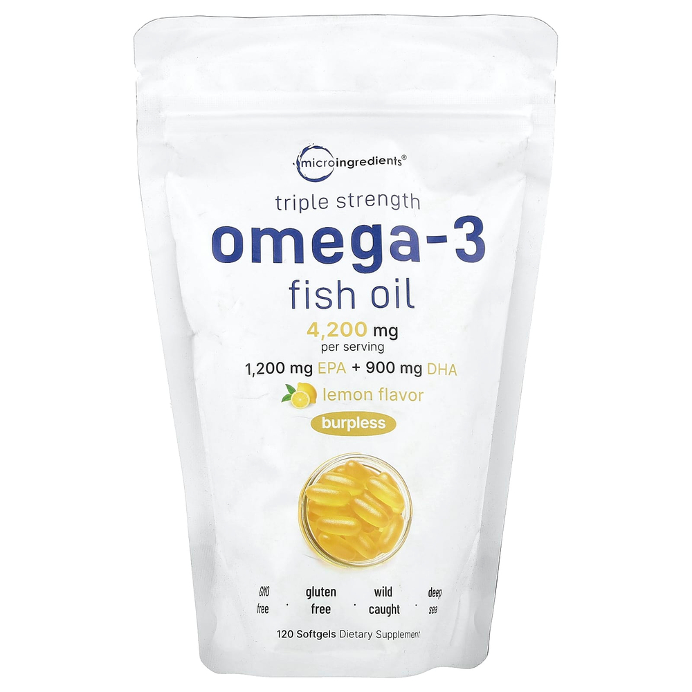 Micro Ingredients, рыбий жир с омега-3, тройная сила, лимон, 120 капсул (1400 мг в 1 капсуле)
