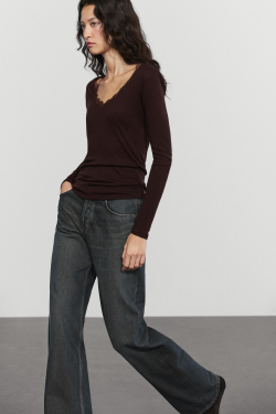 Massimo Dutti Футболка с длинными рукавами в бельевом стиле, коричневый