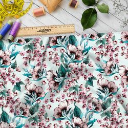 Ткань дюспо крупные цветы яблони на зелёном фоне