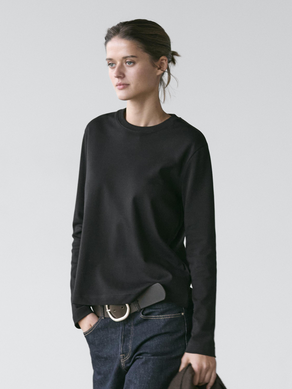 Massimo Dutti Футболка из 100% хлопка с длинными рукавами, черный