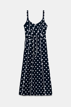 ZARA ПЛАТЬЕ МИДИ В ГОРОШЕК С ПОЯСОМ, ТЕМНО-СИНИЙ/БЕЛЫЙ
