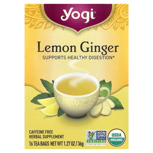 Yogi Tea, лимон и имбирь, без кофеина, 16 чайных пакетиков, 36 г (1,27 унции)