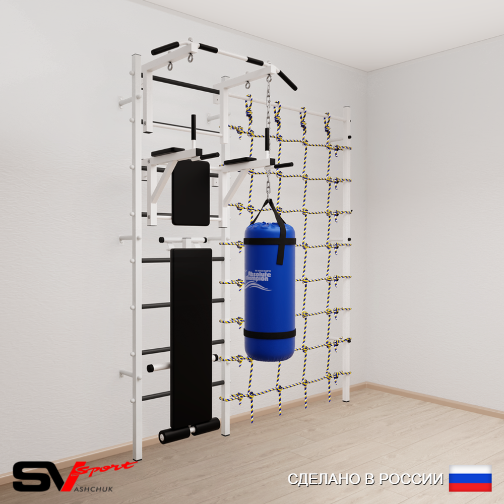 Шведская стенка Sv Sport усиленная 60510 (Турник стандарт/Брусья/Скамья/Цепь/Мешок 15кг/Канатный лаз)