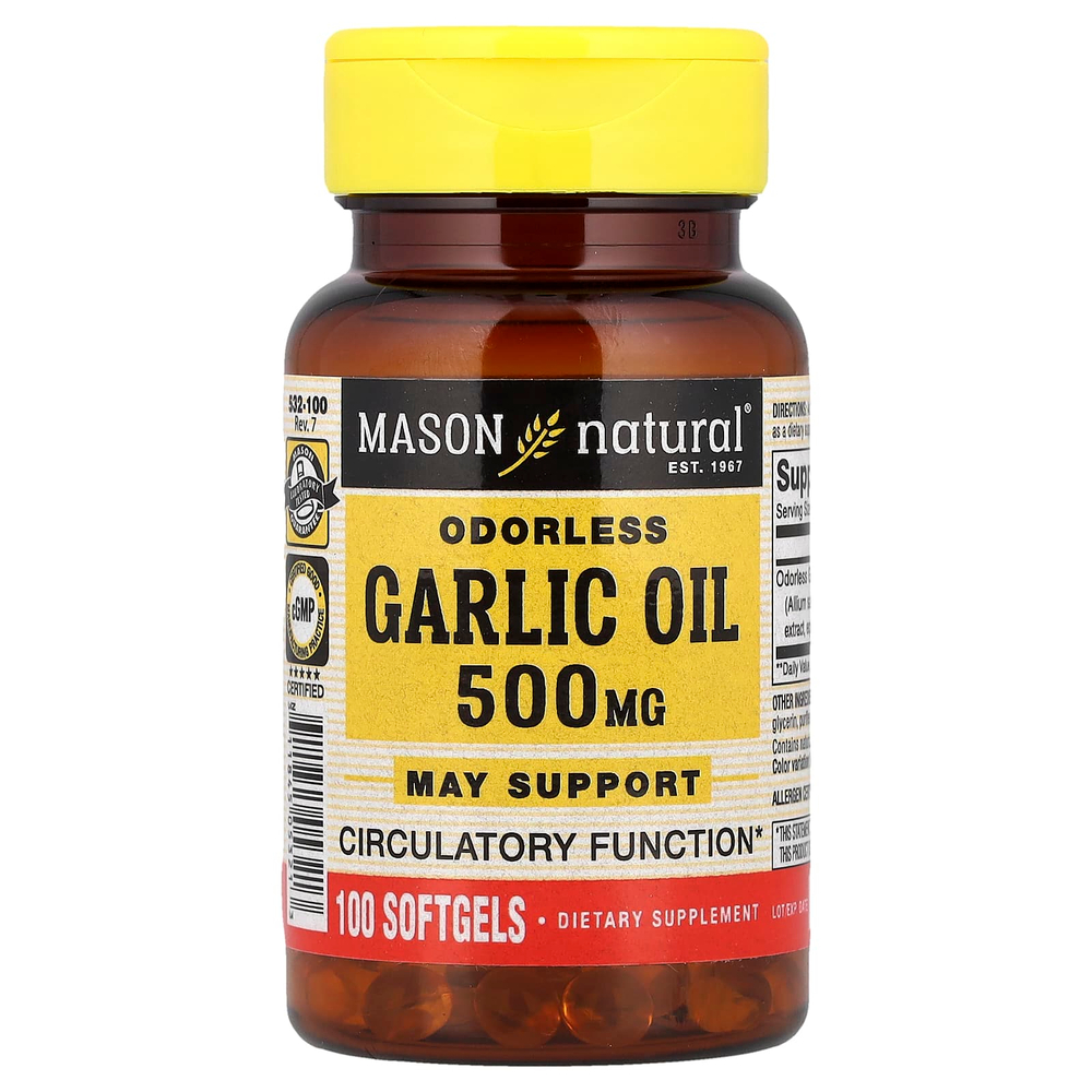 Mason Natural, Чесночное масло без запаха, 500 мг, 100 мягких таблеток