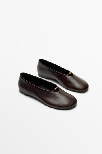 Massimo Dutti Мягкие кожаные балетки на плоской подошве, коричневый