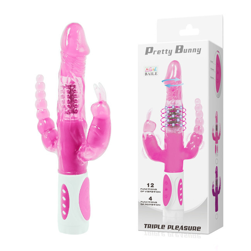 Ротационный вибратор с анальным и клиторальным стимулятором Pretty Bunny (Цвет: розовый)